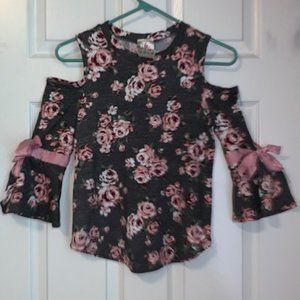 Grey Floral Shoulder Cut Out Shirt